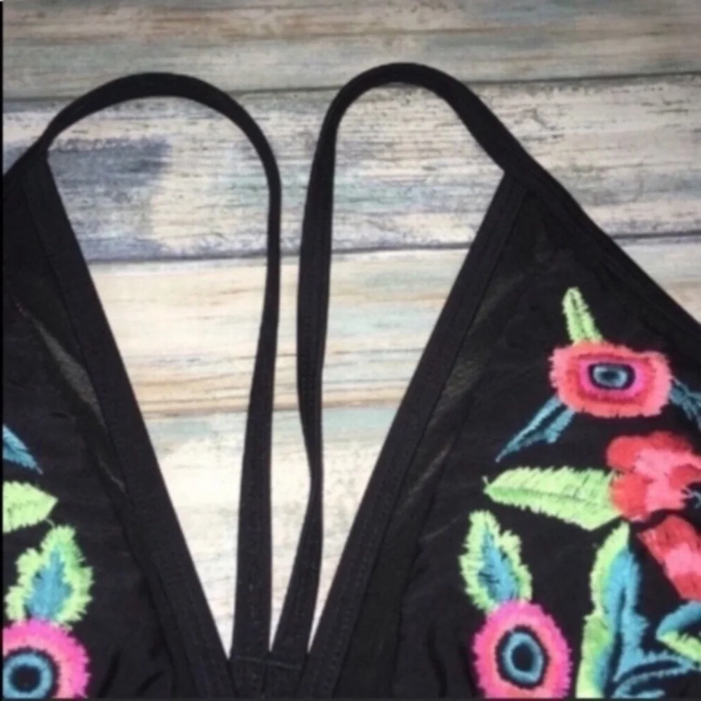 Xhilaration Black Floral Embroidered Bikini Large Triangle Mesh Bralette Swim - Picture 6 of 6